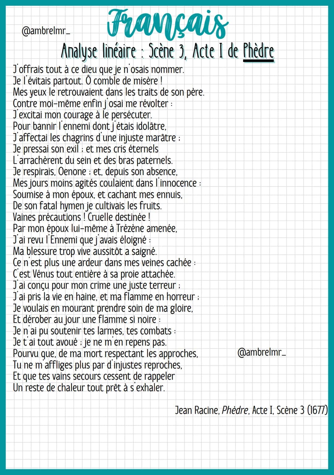 Français
Analyse linéaire: Scène 3, Acte I de Phèdre
@ambrelmr_
INTRODUCTION
Présentation du texte
→ Auteur : Jean Racine est un dramaturge 