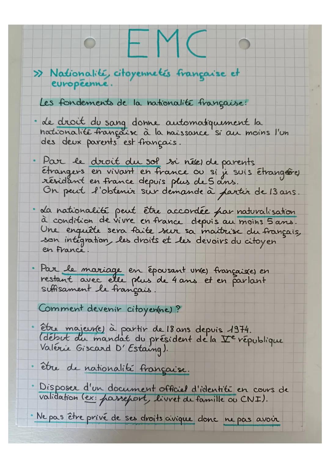 EMC
» Nationalité, citoyennetés française et
européenne.
•
•
Les fondements de la nationalité française.
• Le droit du
sang donne automatiqu