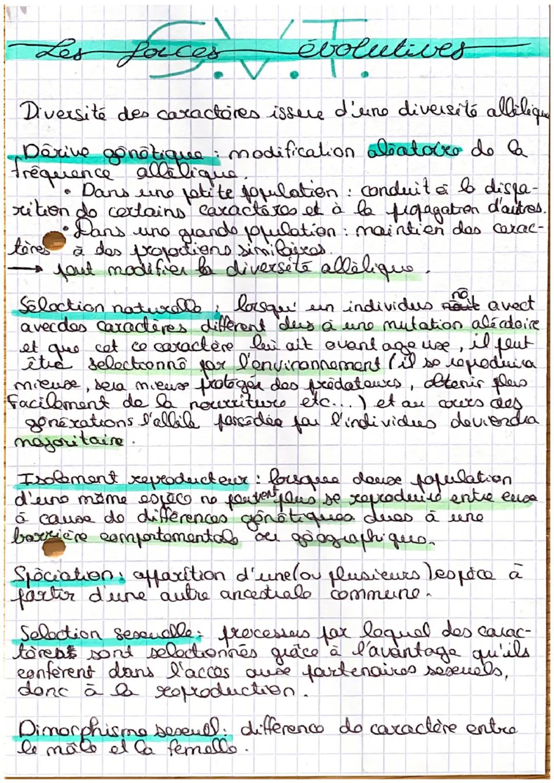 Les forces
évolutives

Diversité des caxactores issere d'une diversité allélique

Dêrive gönôtique : modification aléatoire de la
frequence 