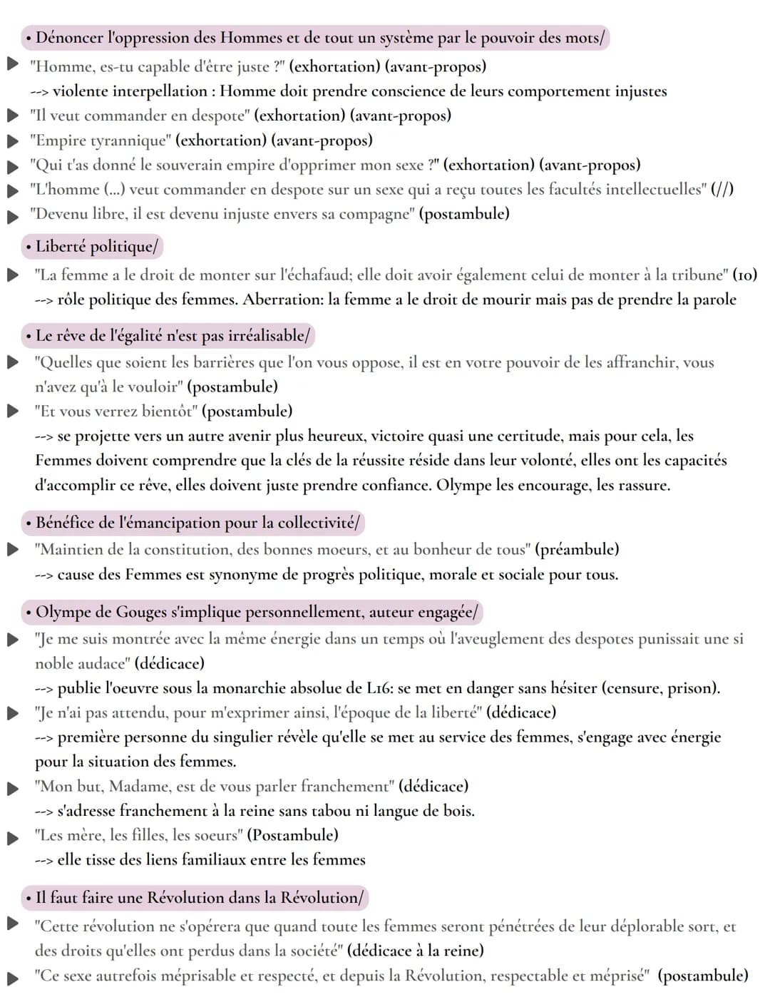 LES CITATIONS +
arguments
La declaration des droits de la femme et de la citoyenne, Olympe de gouges
• DDFC est un plaidoyer pour l'égalité/