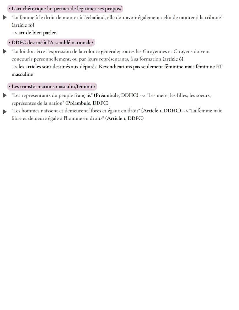 LES CITATIONS +
arguments
La declaration des droits de la femme et de la citoyenne, Olympe de gouges
• DDFC est un plaidoyer pour l'égalité/