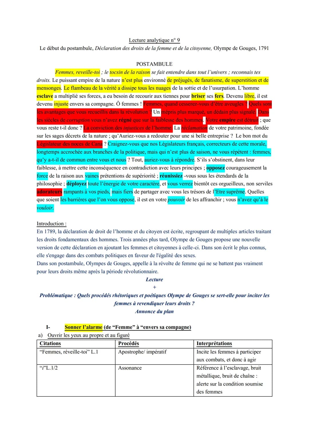 Lecture analytique n° 9
Le début du postambule, Déclaration des droits de la femme et de la citoyenne, Olympe de Gouges, 1791
POSTAMBULE
Fem