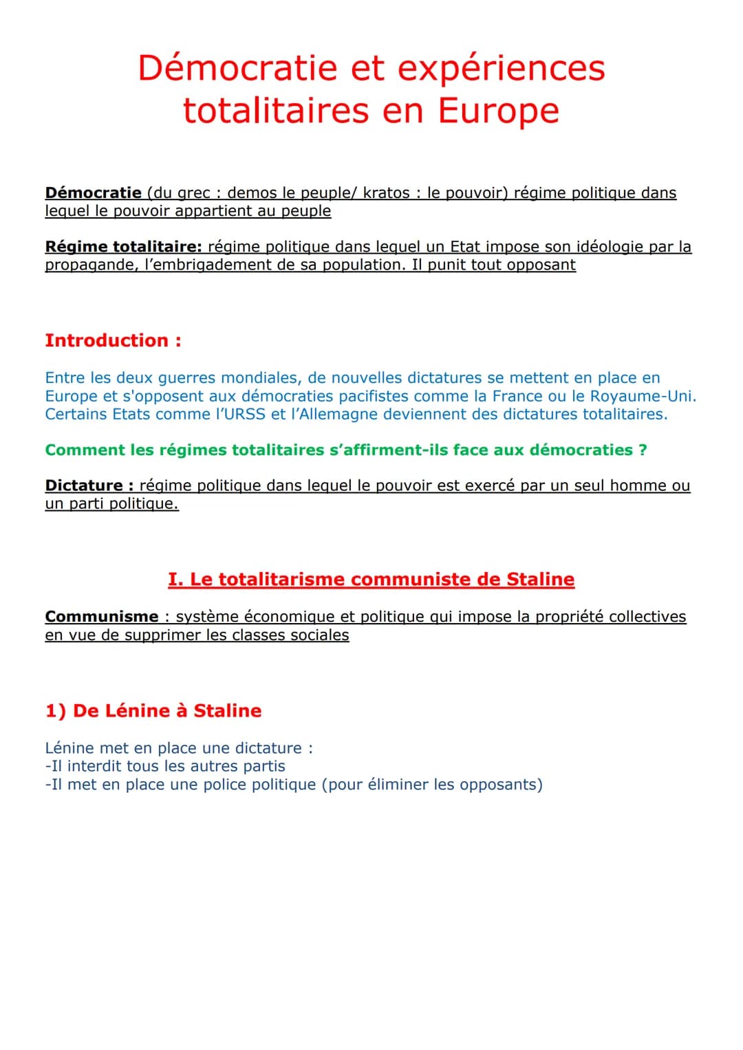 Démocratie et expériences
totalitaires en Europe
Démocratie (du grec : demos le peuple/ kratos : le pouvoir) régime politique dans
lequel le