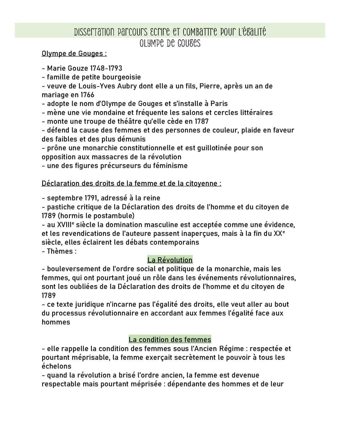 Fiche dissertation Olympe de Gouges parcours Ecrire et combattre pour l'égalité