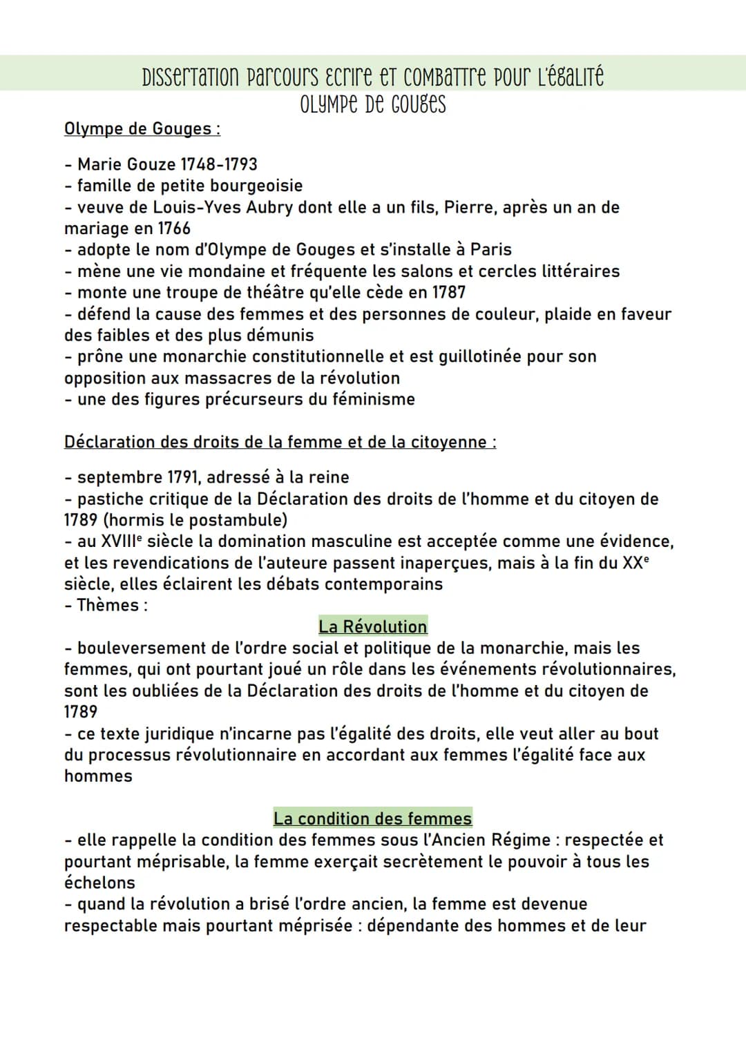 dissertation parcours εcrire et combattre pour l'égalité
OLYMPE DE GOUges
Olympe de Gouges:
- Marie Gouze 1748-1793
- famille de petite bour