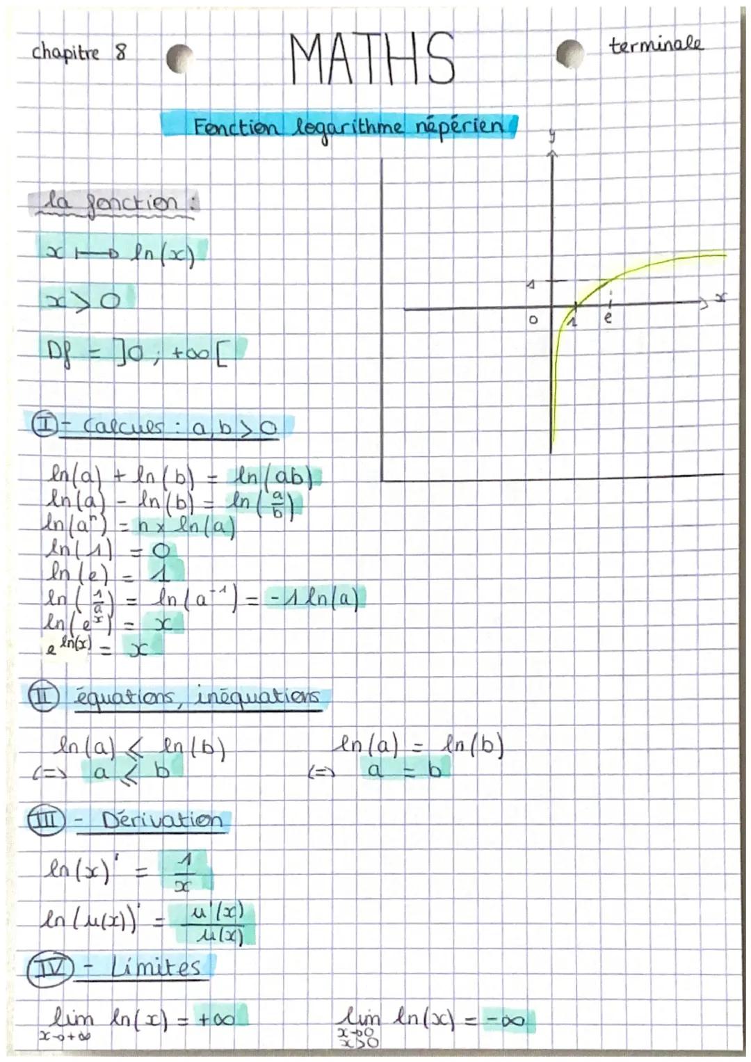 chapitre 8
la fonction :
XO
Df = ]0; +00 [
1 - Calculs: abso
+
In(a) + ln (b) = ln (ab)
In(a)- In (b) = ln (2)
In/a²) = nx in (a)
In (1)
Int