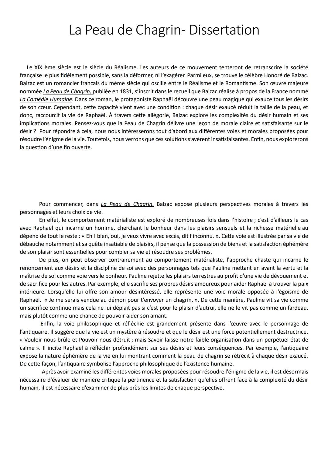 # La Peau de Chagrin- Dissertation

Le XIX ème siècle est le siècle du Réalisme. Les auteurs de ce mouvement tenteront de retranscrire la so