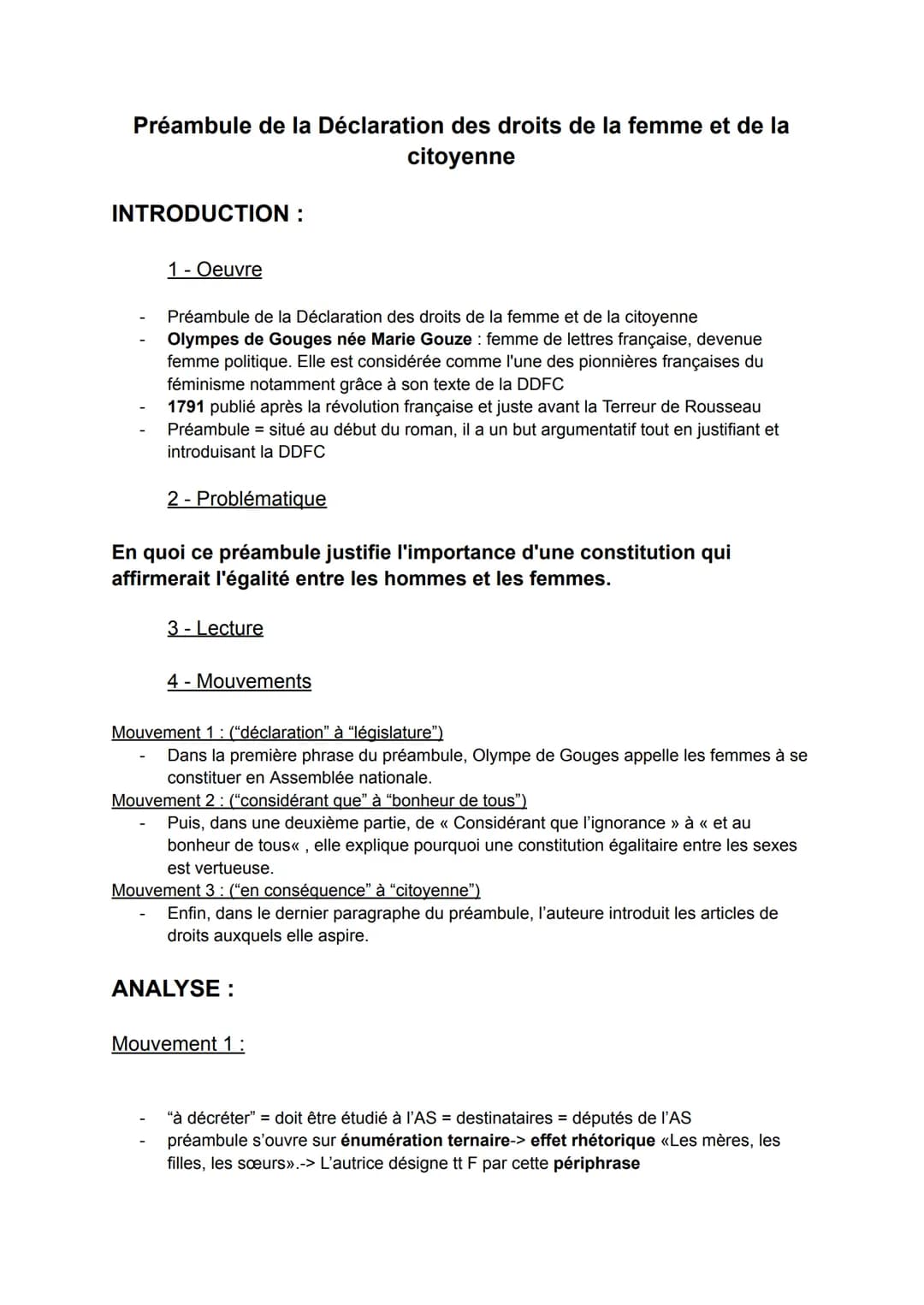 Préambule de la Déclaration des droits de la femme et de la
citoyenne
INTRODUCTION :
1 - Oeuvre
Préambule de la Déclaration des droits de la