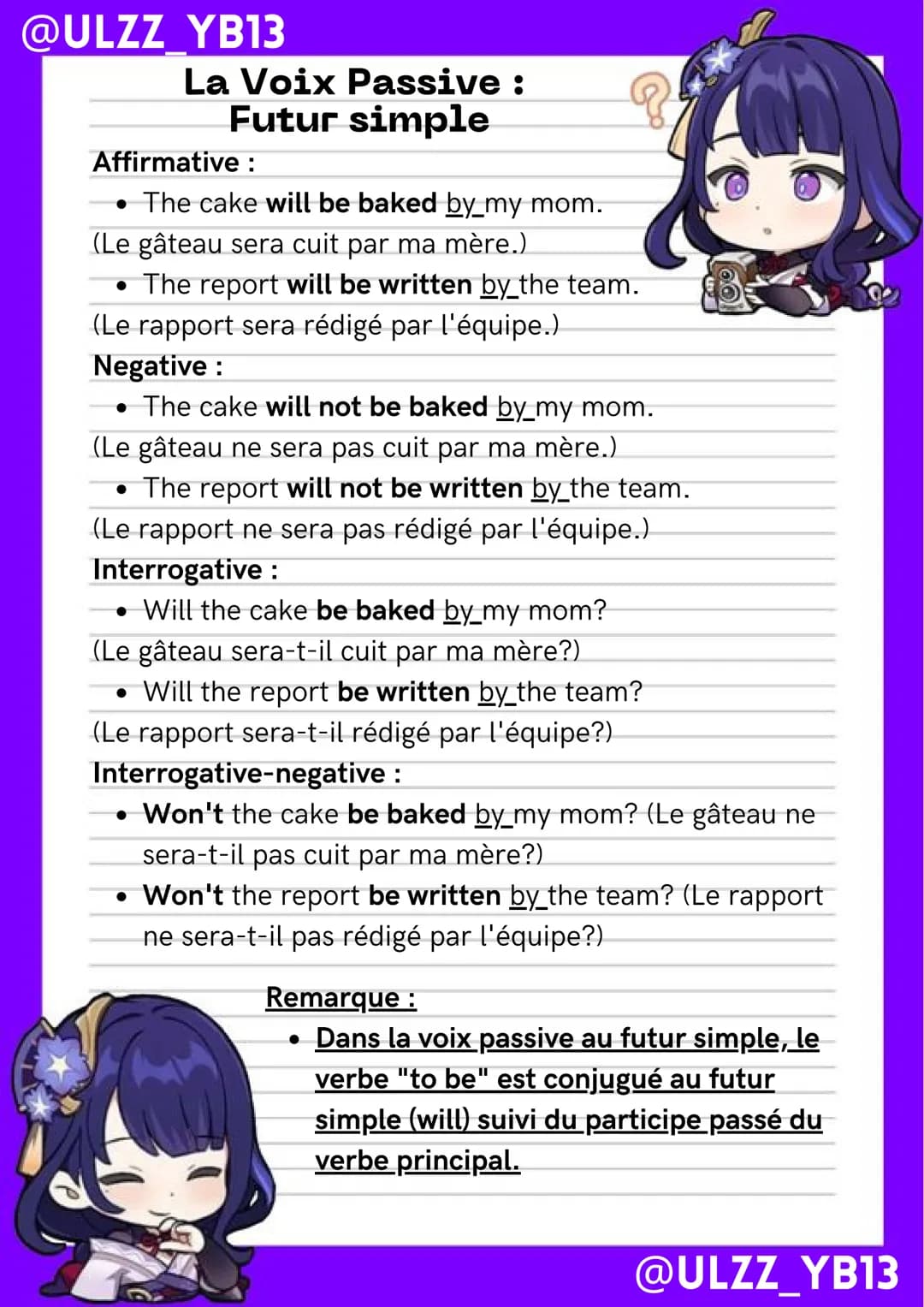 @ULZZ YB13
La Voix Passive:
Présent Simple
Affirmative :
• The cake is baked by my mom.
(Le gâteau est cuit par ma mère.)
• The report is wr
