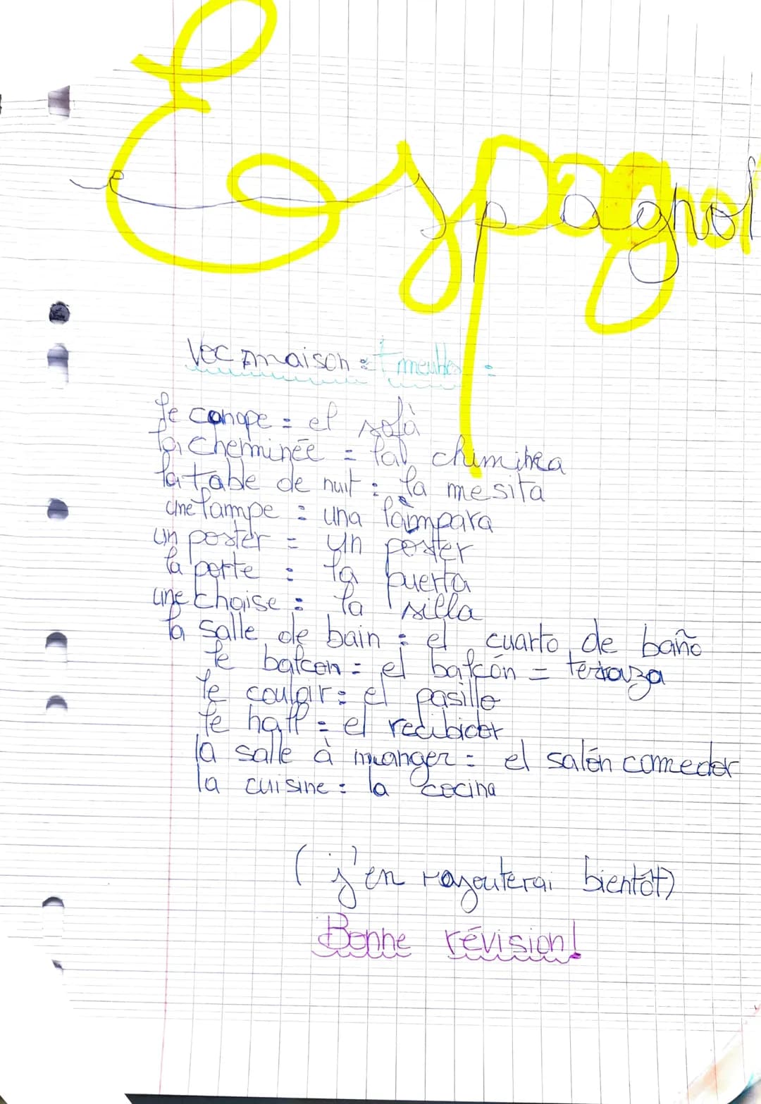 зрадно
Vec Amaisch meh
Le
Conope = el solá
for cheminée = fat chimitra
la table de nuit : la mesita
che Tampe: una lampara
un poster
- un po