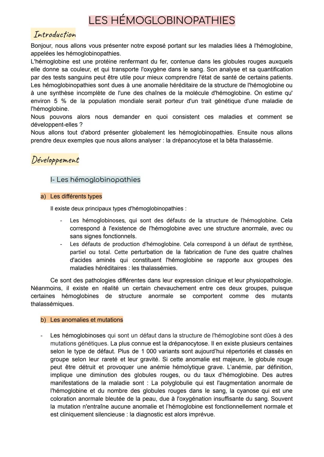 LES HÉMOGLOBINOPATHIES
Introduction
Bonjour, nous allons vous présenter notre exposé portant sur les maladies liées à l'hémoglobine,
appelée