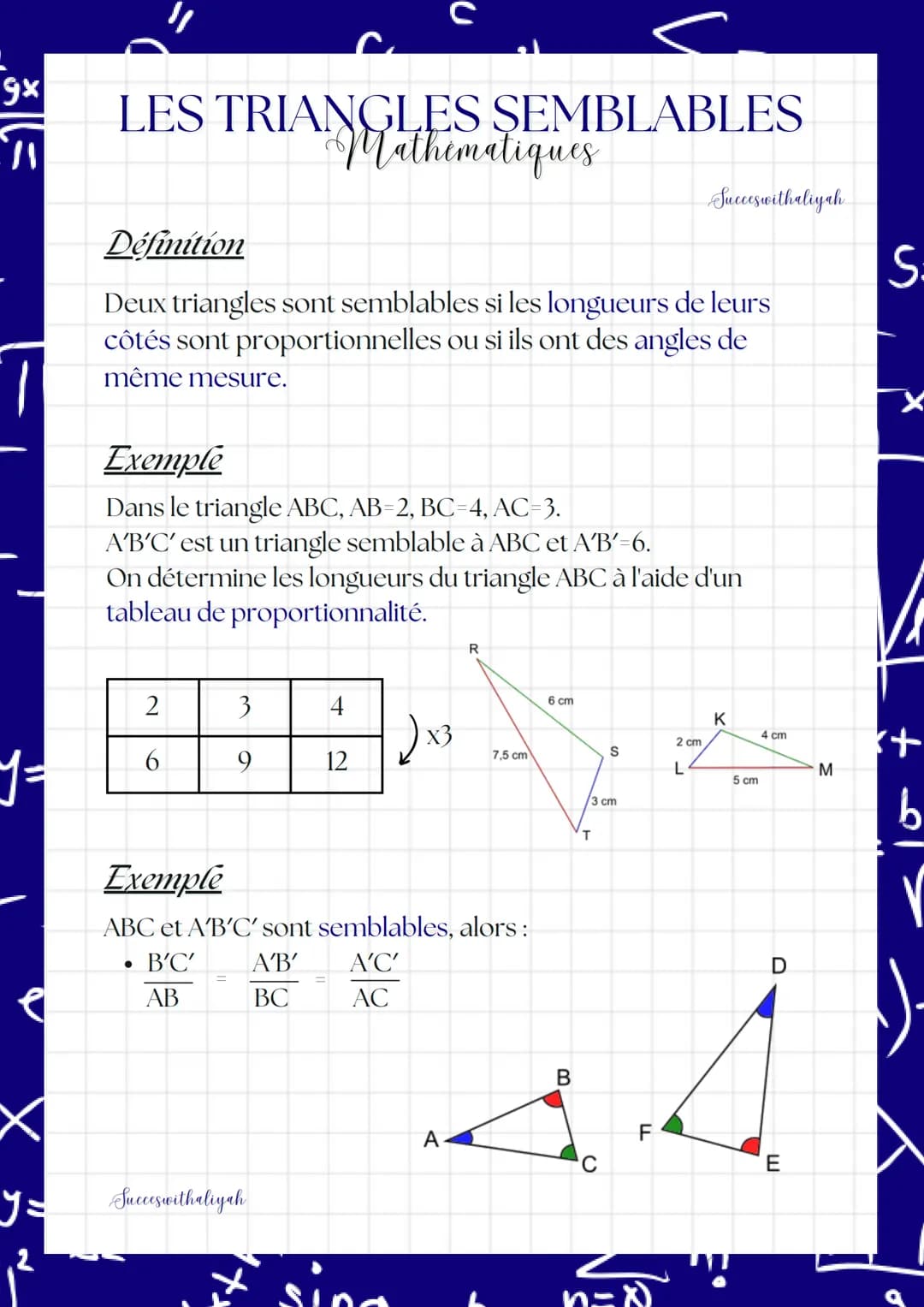 gx
(=
y =
Y =
2
1²
LES TRIANGLES SEMBLABLES
Définition
Deux triangles sont semblables si les longueurs de leurs
côtés sont proportionnelles 