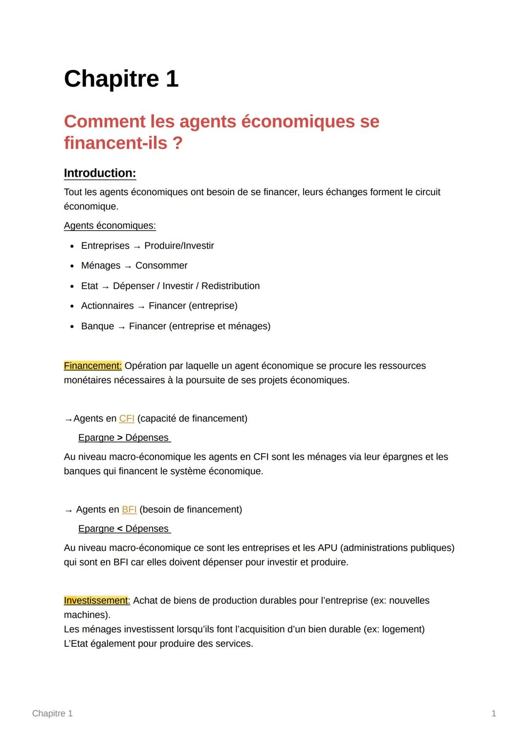 Chapitre 1
Comment les agents économiques se
financent-ils ?
Introduction:
Tout les agents économiques ont besoin de se financer, leurs écha