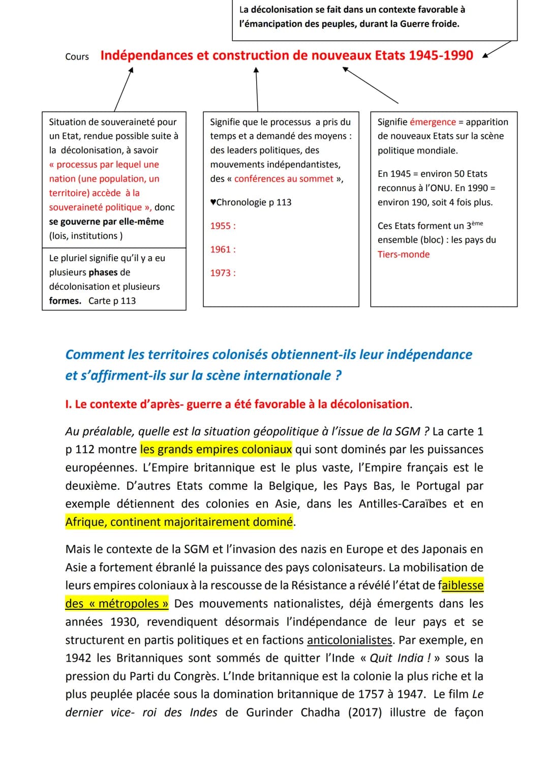 La décolonisation se fait dans un contexte favorable à
l'émancipation des peuples, durant la Guerre froide.
Cours Indépendances et construct