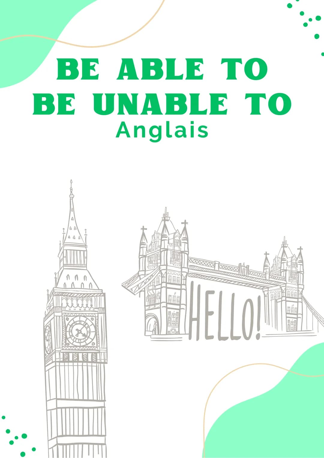 BE ABLE TO
BE UNABLE TO
Anglais
AAA
HELLO! BE able to
BE unable to
I suffit de conjuger l'auxiliaire BE et de
l'accorder avec le sujet.
Comm