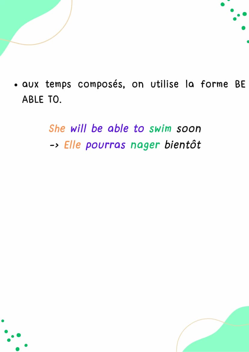 BE ABLE TO
BE UNABLE TO
Anglais
AAA
HELLO! BE able to
BE unable to
I suffit de conjuger l'auxiliaire BE et de
l'accorder avec le sujet.
Comm