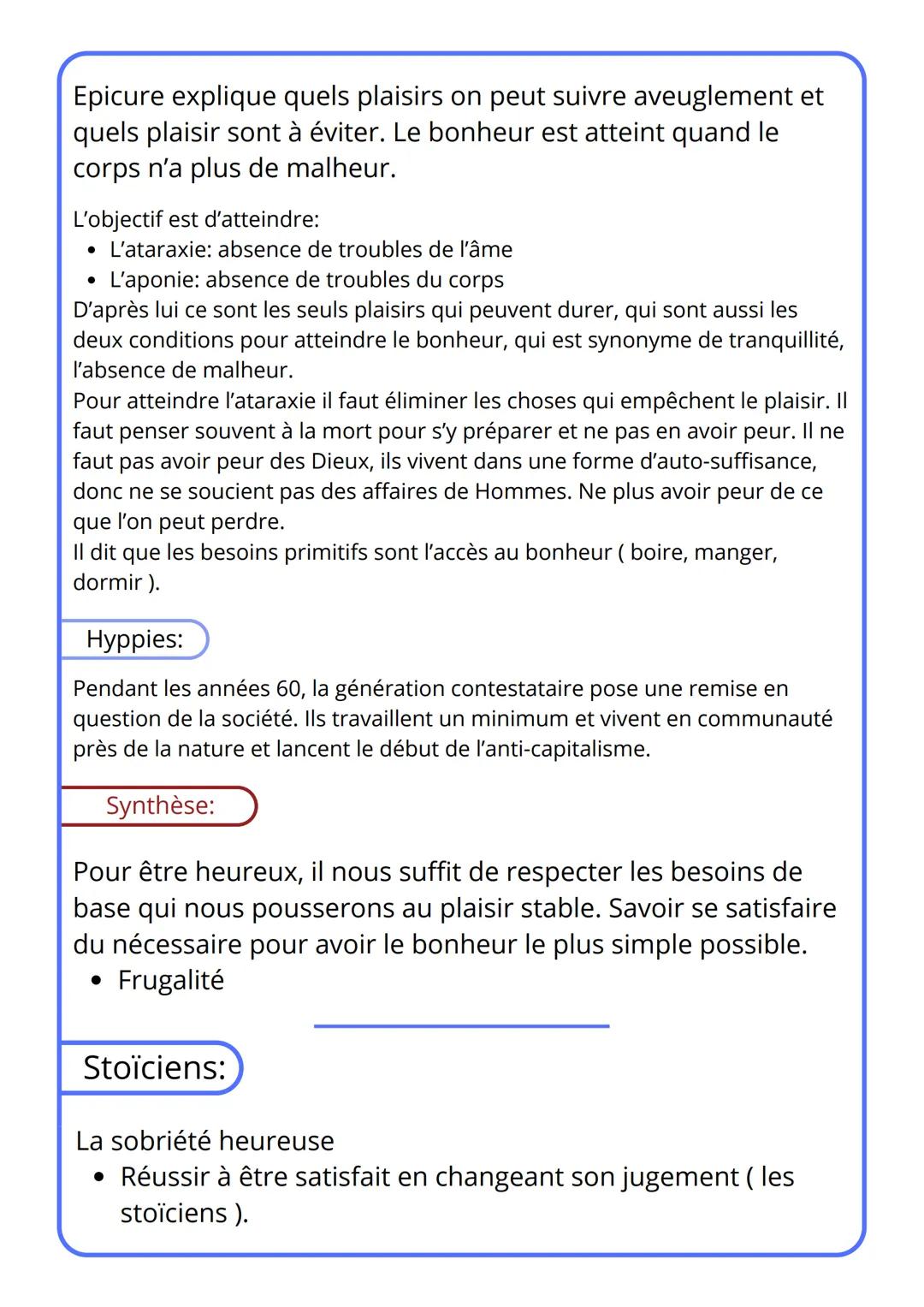 Philosophie
Chapitre 1: Le bonheur (la conscience, le temps)
Calliclès:
La stratégie la plus simple est d'assouvir tous ses désirs et
d'ench