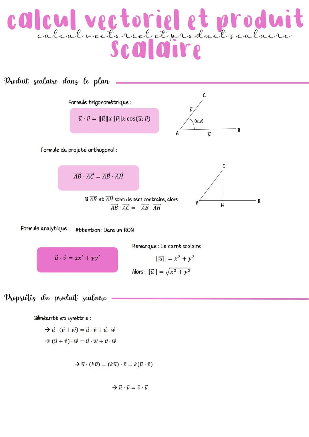 calcul vectoriel et produit
calcul vectoriel et product scalaire
Scalaire
Produit scalaire dans le plan
Formule trigonométrique :
u v = ||||