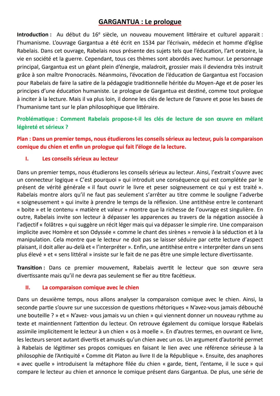 GARGANTUA : Le prologue
Introduction: Au début du 16° siècle, un nouveau mouvement littéraire et culturel apparait :
l'humanisme. L'ouvrage 