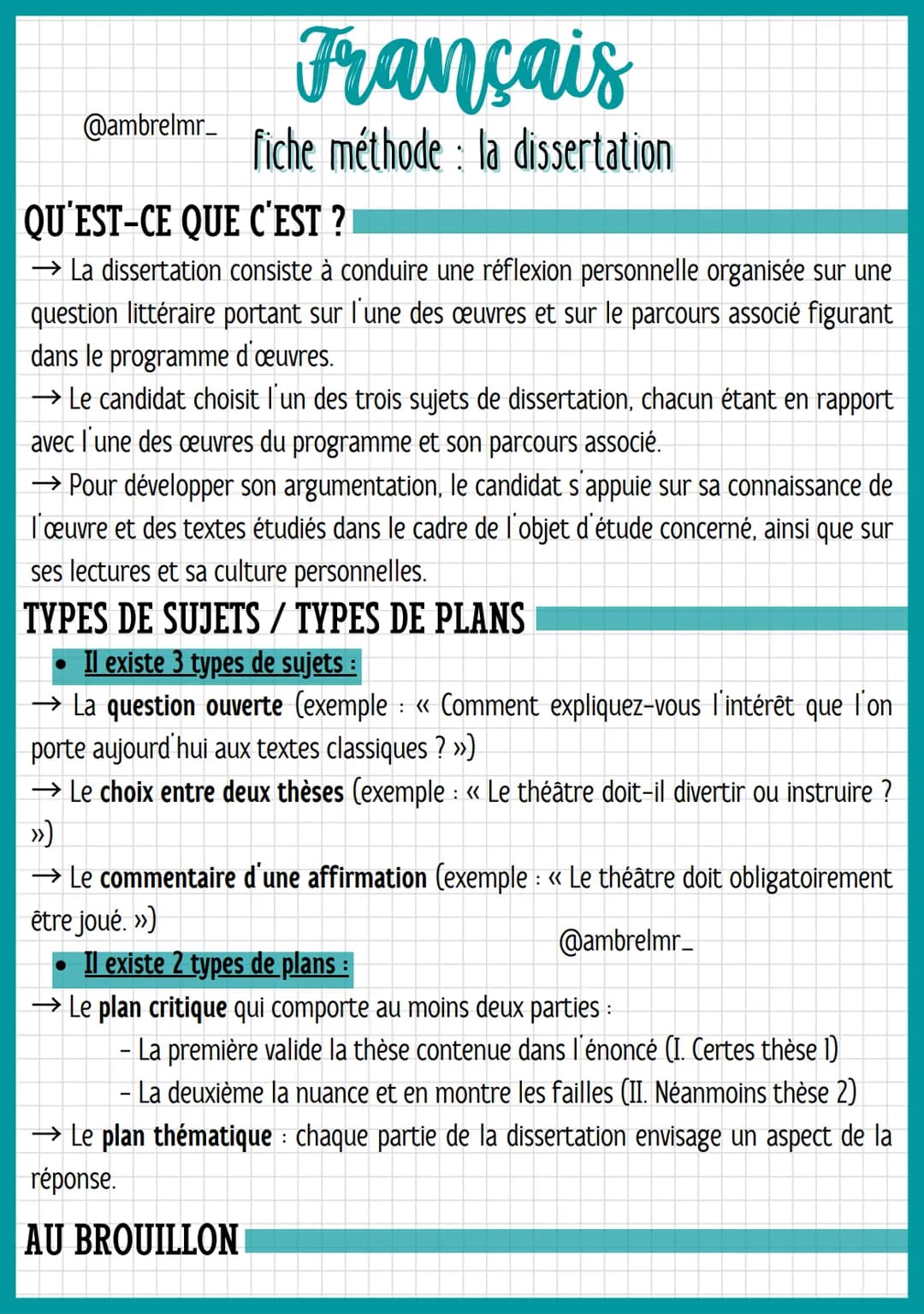 @ambrelmr_
Français
fiche méthode: la dissertation
QU'EST-CE QUE C'EST ?
→ La dissertation consiste à conduire une réflexion personnelle org