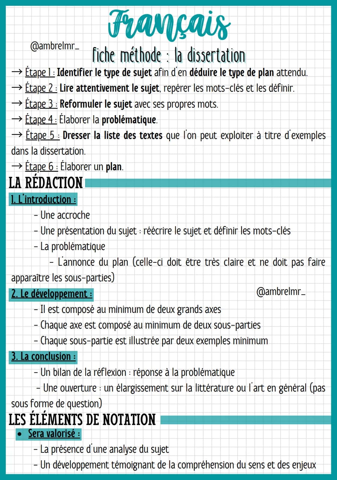 @ambrelmr_
Français
fiche méthode: la dissertation
QU'EST-CE QUE C'EST ?
→ La dissertation consiste à conduire une réflexion personnelle org