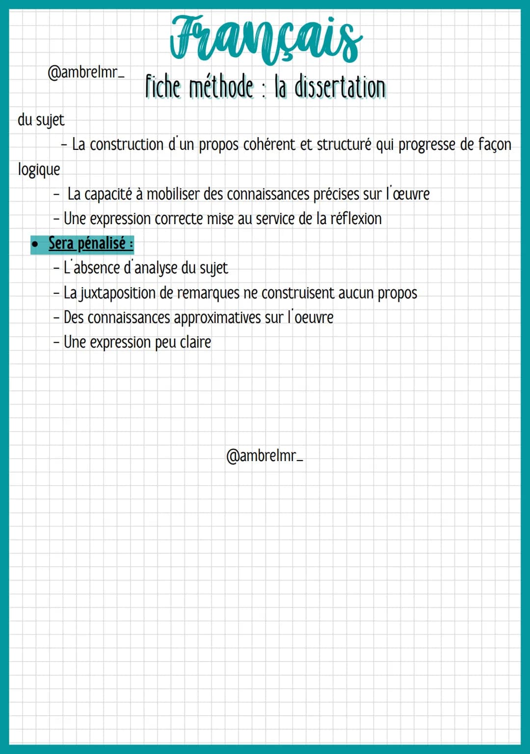 @ambrelmr_
Français
fiche méthode: la dissertation
QU'EST-CE QUE C'EST ?
→ La dissertation consiste à conduire une réflexion personnelle org