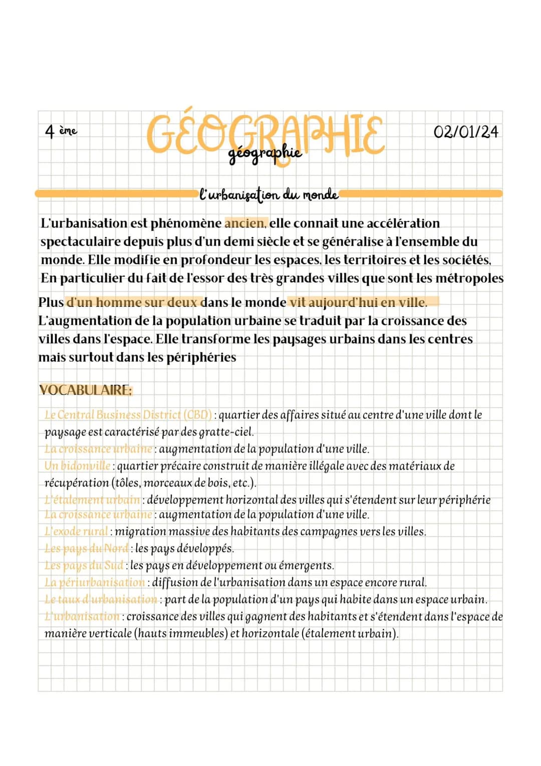 4 ème
GEOGRAPHIE
géographie
02/01/24
l'urbanisation du monde
L'urbanisation est phénomène ancien, elle connait une accélération
spectaculair