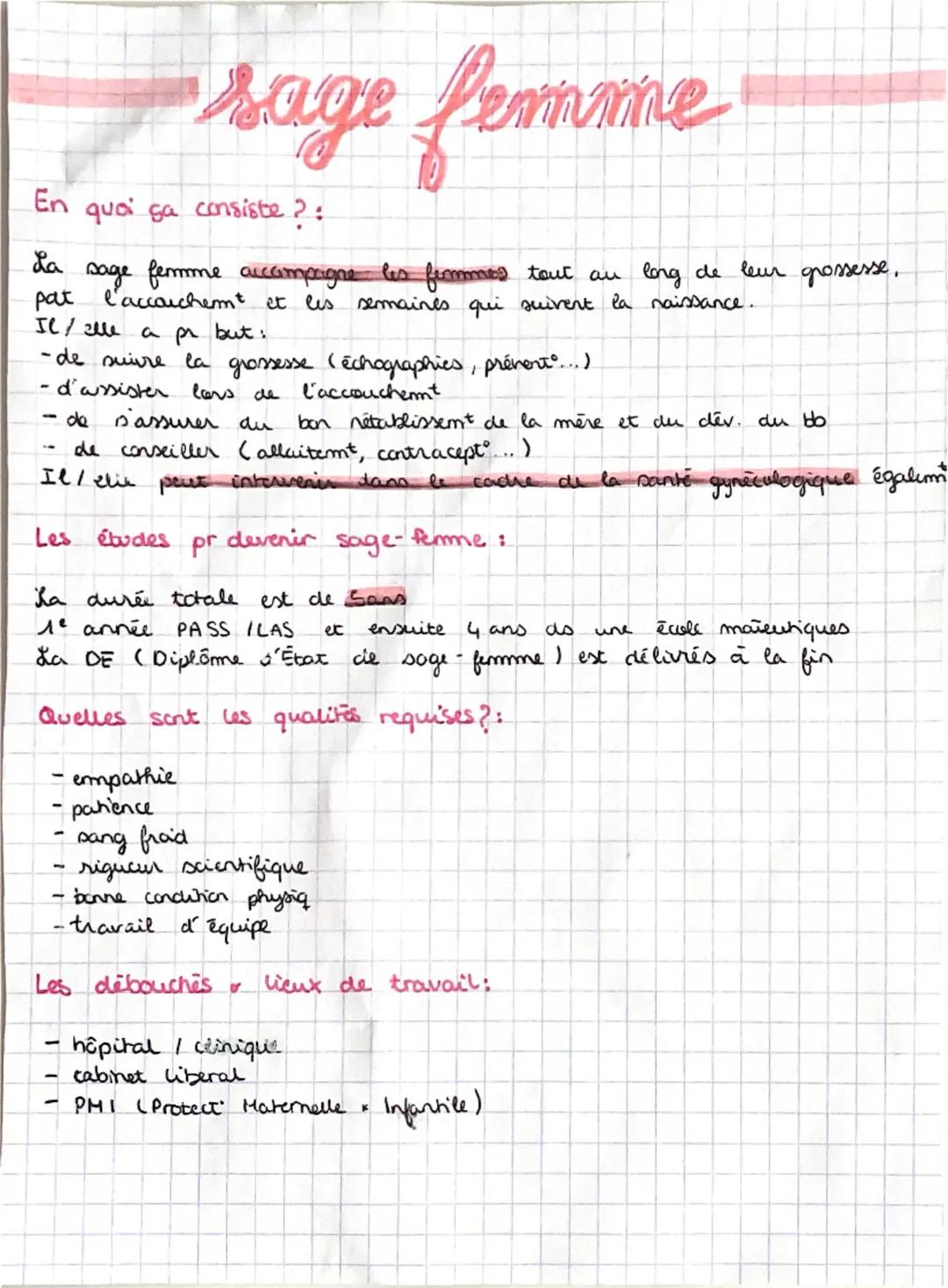 --- OCR Start ---
sage femme
En quoi ga consiste?:
da sage femme accompagne les femmes tout au long de leur grossesse,
pat l'accauchemt et l