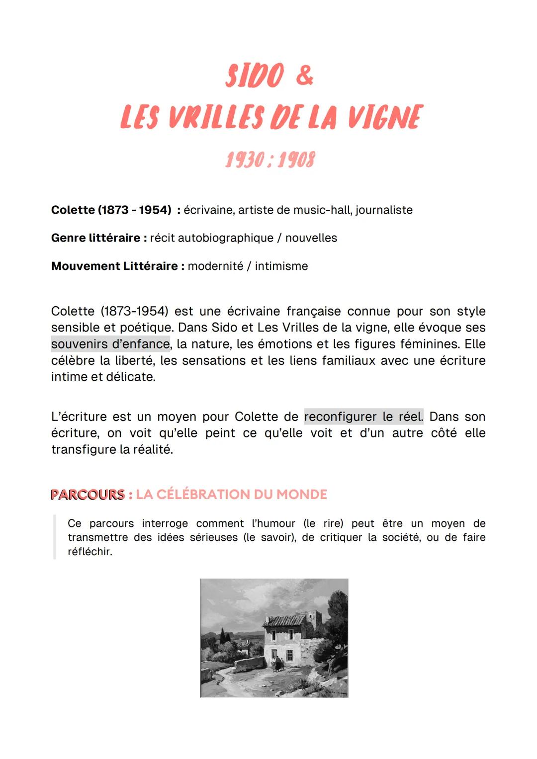 SIDO &
LES VRILLES DE LA VIGNE
1930:1908
Colette (1873-1954): écrivaine, artiste de music-hall, journaliste
Genre littéraire: récit autobiog