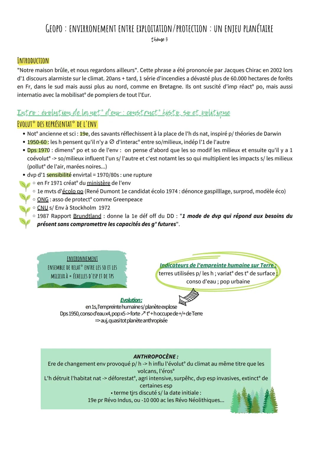 GEOPO ENVIRRONEMENT ENTRE EXPLOITATION/PROTECTION : UN ENJEU PLANÉTAIRE
thème 3
INTRODUCTION
"Notre maison brûle, et nous regardons ailleurs