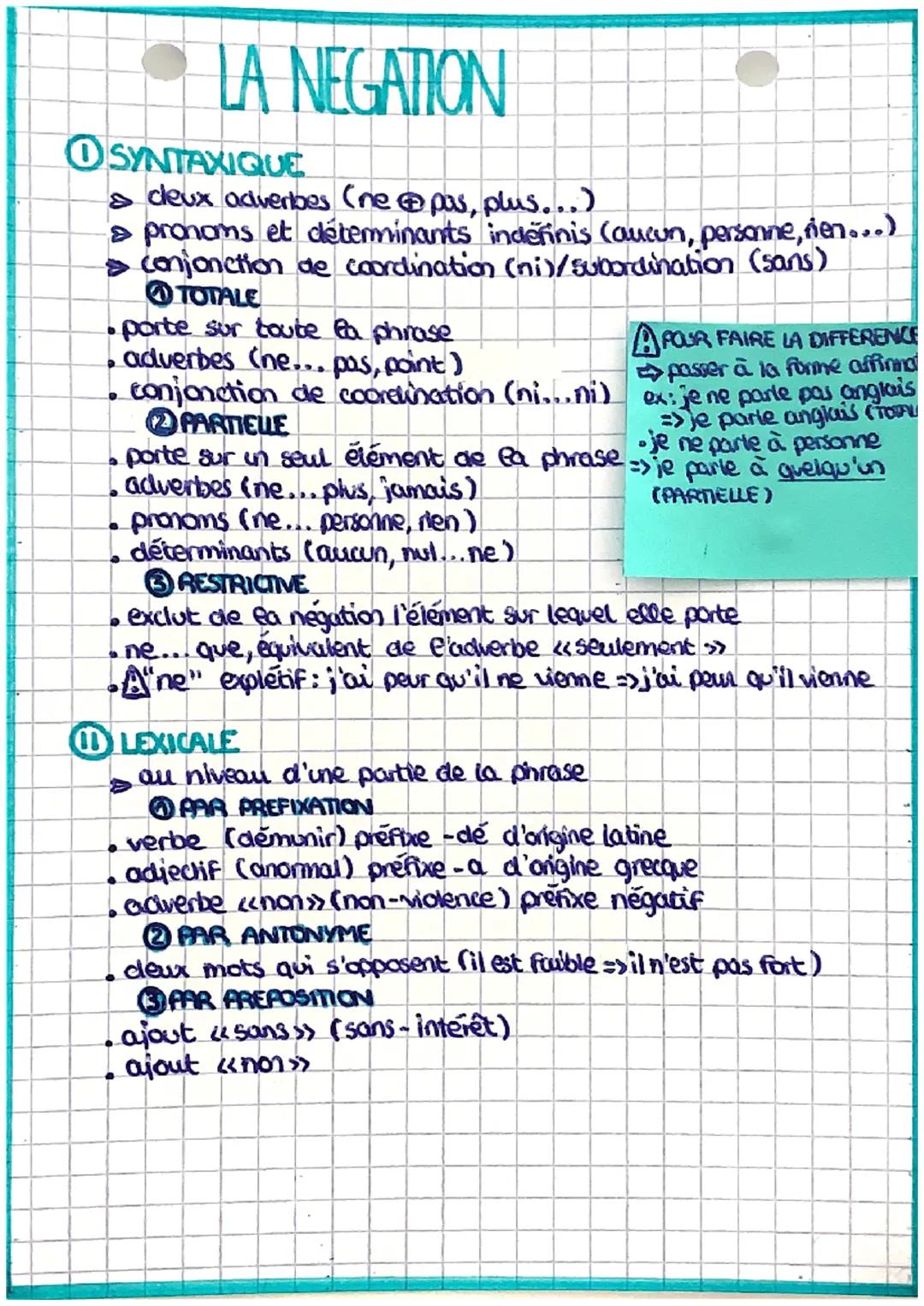 OSYNTAXIQUE
> deux adverbes (ne pas, plus...)
> pronoms et determinants indefinis (aucun, personne, nien...)
> conjonction de coordination (