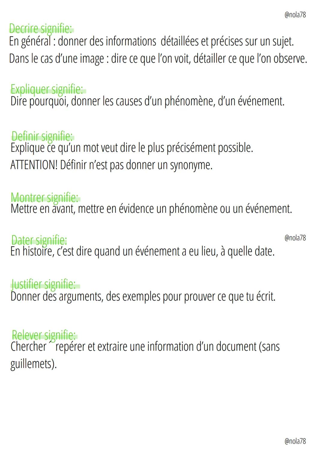 Histoire/Géographie
Verbes de consigne
illustrer signifie
Donner des exemples de ce que tu as écrit.
Identifier signifie:
Chercher, reconnaî