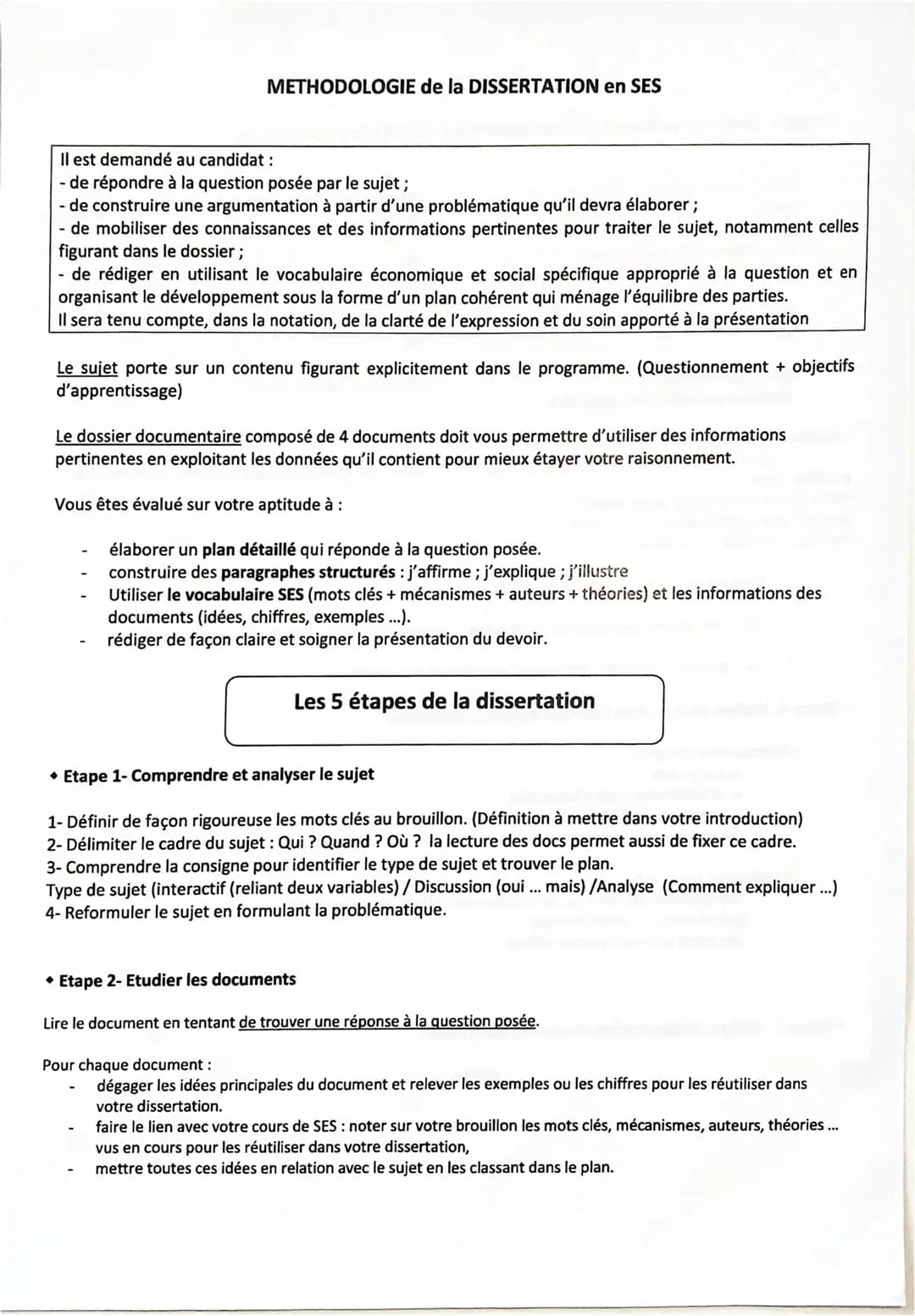 METHODOLOGIE de la DISSERTATION en SES
Il est demandé au candidat:
- de répondre à la question posée par le sujet ;
- de construire une argu