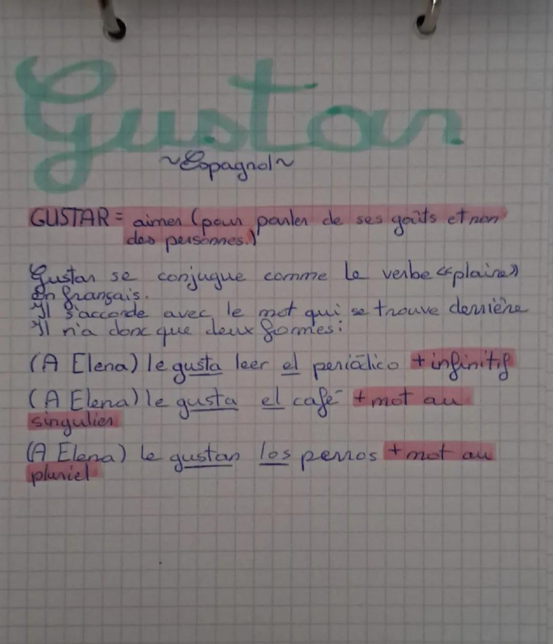 Gustar
~Espagnol~
GUSTAR aimer (pour parler de ses
des
personnes.
goûts et non
Gustar se conjugue comme le verbe (plaine")
en français.
Sacc