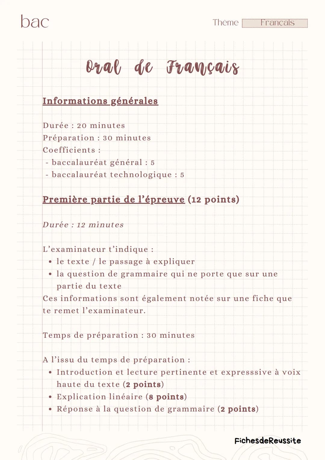 bac
Thème
Français
Oral de Français
Informations générales
Durée: 20 minutes
Préparation : 30 minutes
Coefficients :
-
- baccalauréat généra