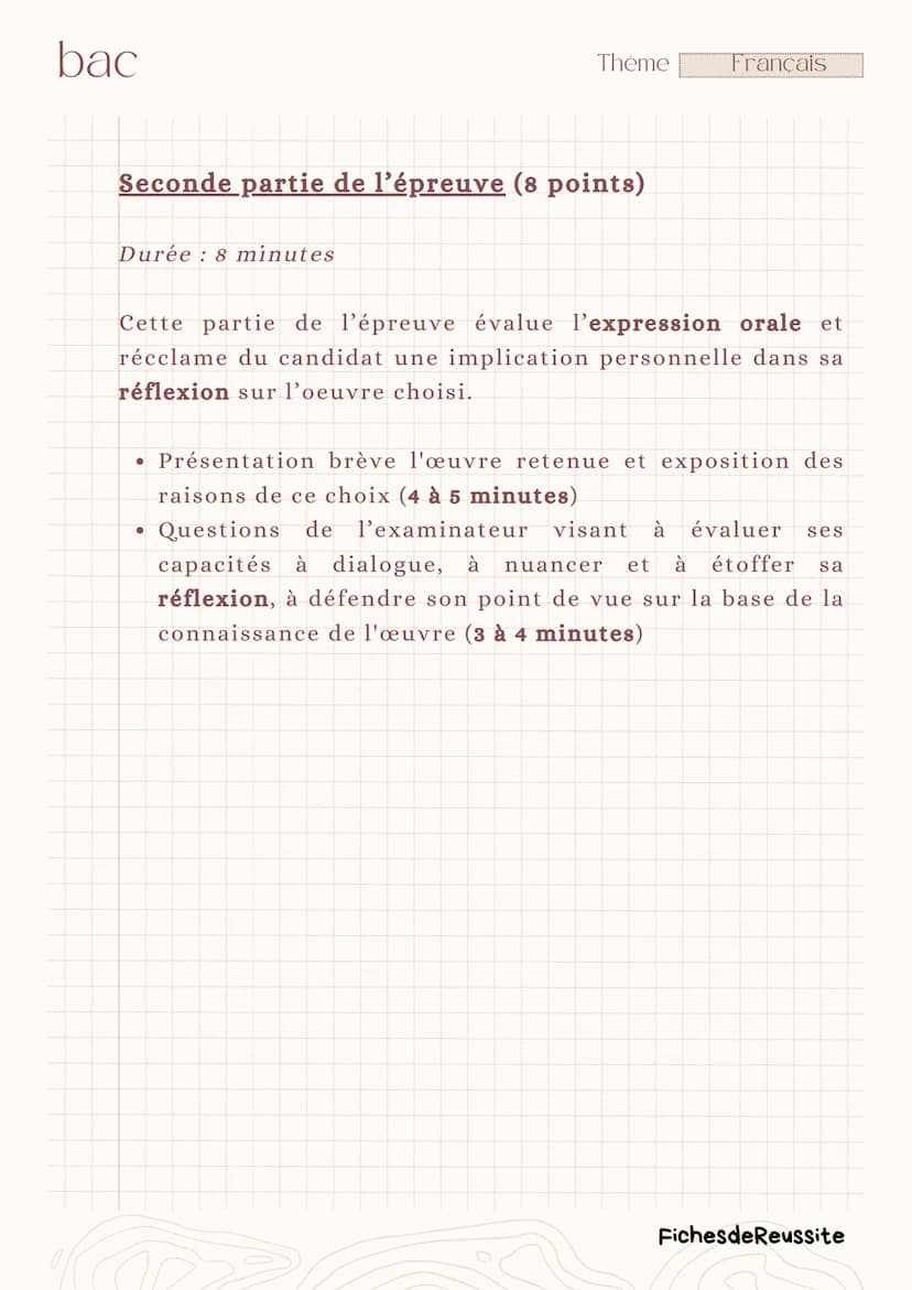 bac
Thème
Français
Oral de Français
Informations générales
Durée: 20 minutes
Préparation : 30 minutes
Coefficients :
-
- baccalauréat généra