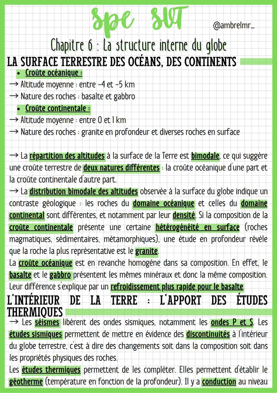 spe SUT
Chapitre 6 : La structure interne du globe
LA SURFACE TERRESTRE DES OCÉANS, DES CONTINENTS
Croûte océanique :
●
→→ Altitude moyenne 