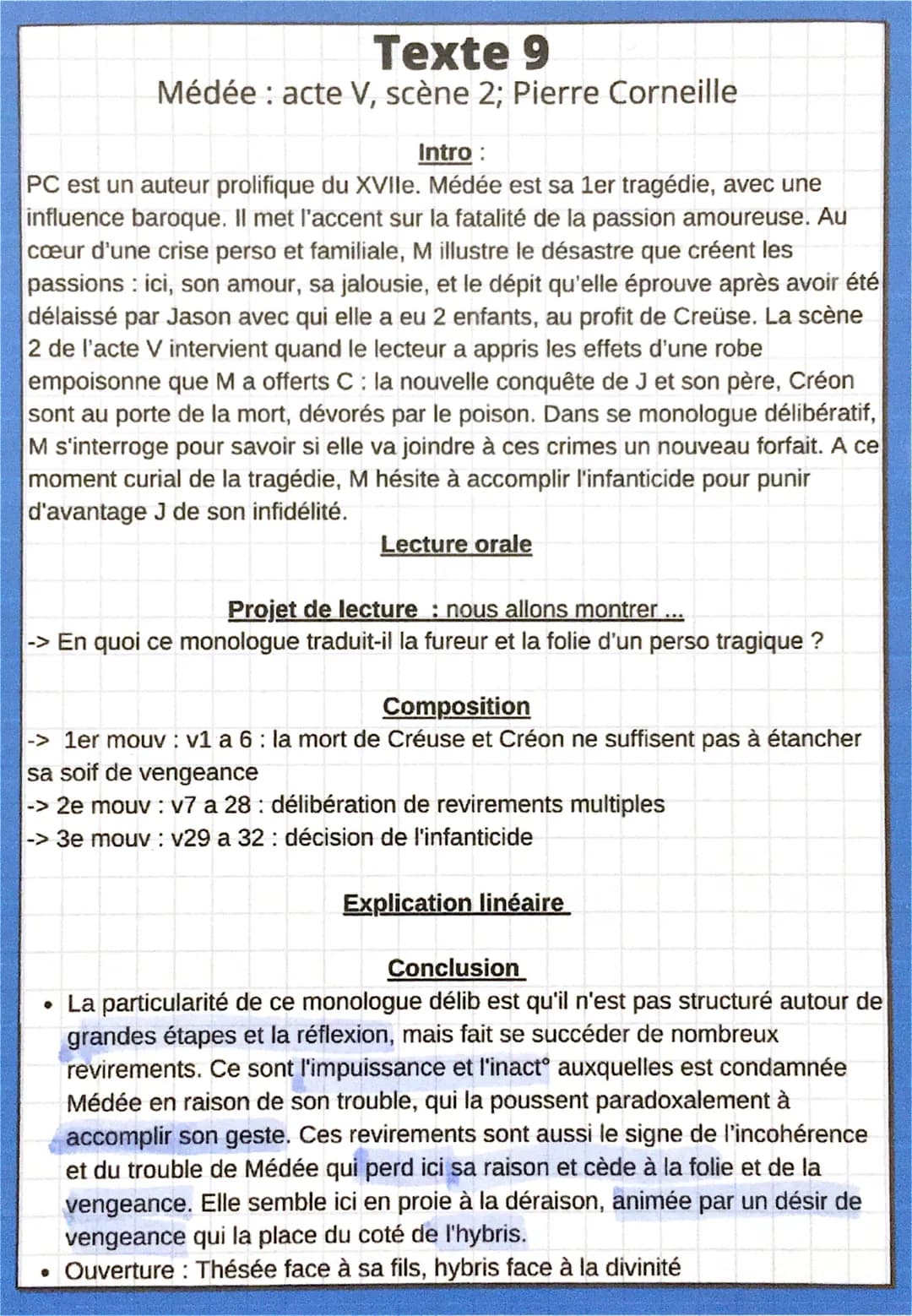 
<p>Dans l'acte V, scène 2 de Médée, Pierre Corneille nous présente un monologue délibératif important qui traduit la fureur et la folie du 