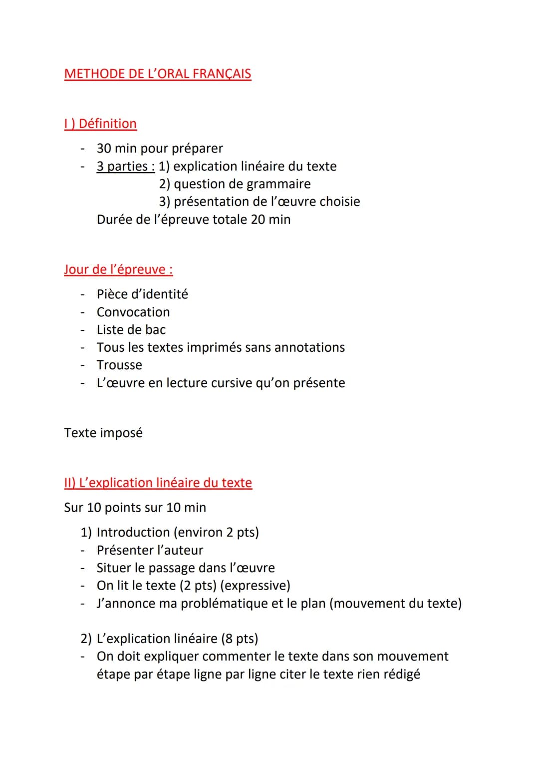 METHODE DE L'ORAL FRANÇAIS
1)Définition
Jour de l'épreuve :
-
-
-
30 min pour préparer
3 parties: 1) explication linéaire du texte
2) questi