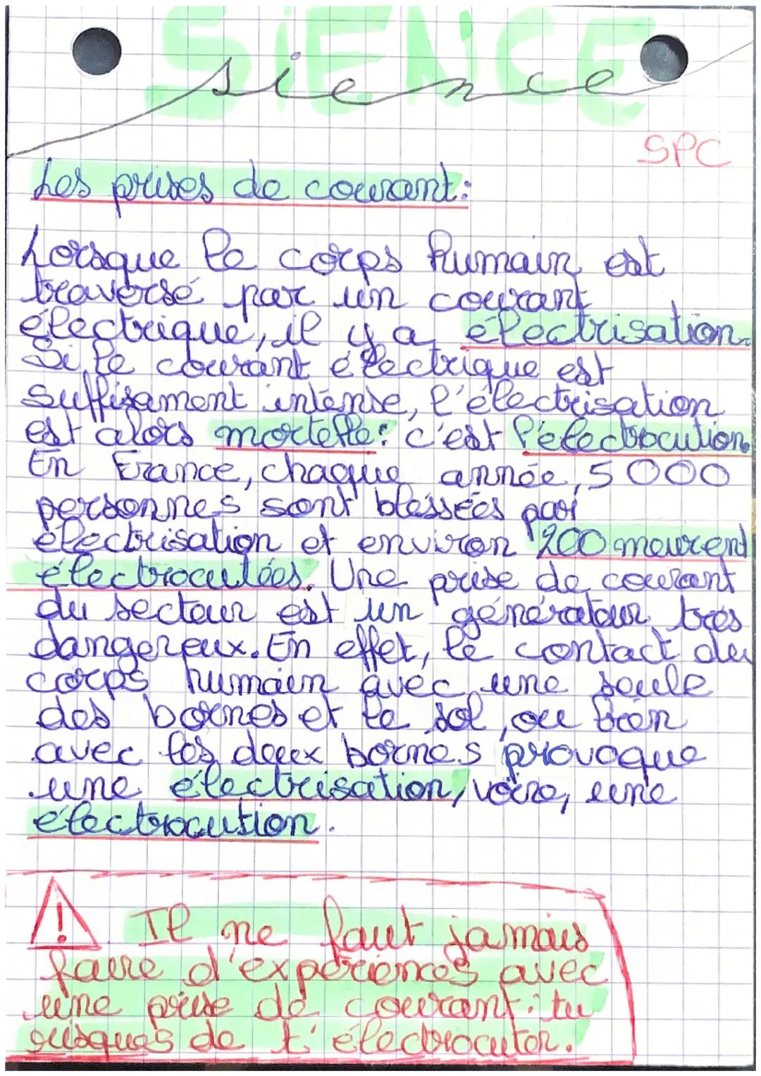 sience
SPC
Les prises de courant:
Lorsque le corps humain est.
par un
electrique, il y a electrisation.
courant est
suffisament intense, l'e
