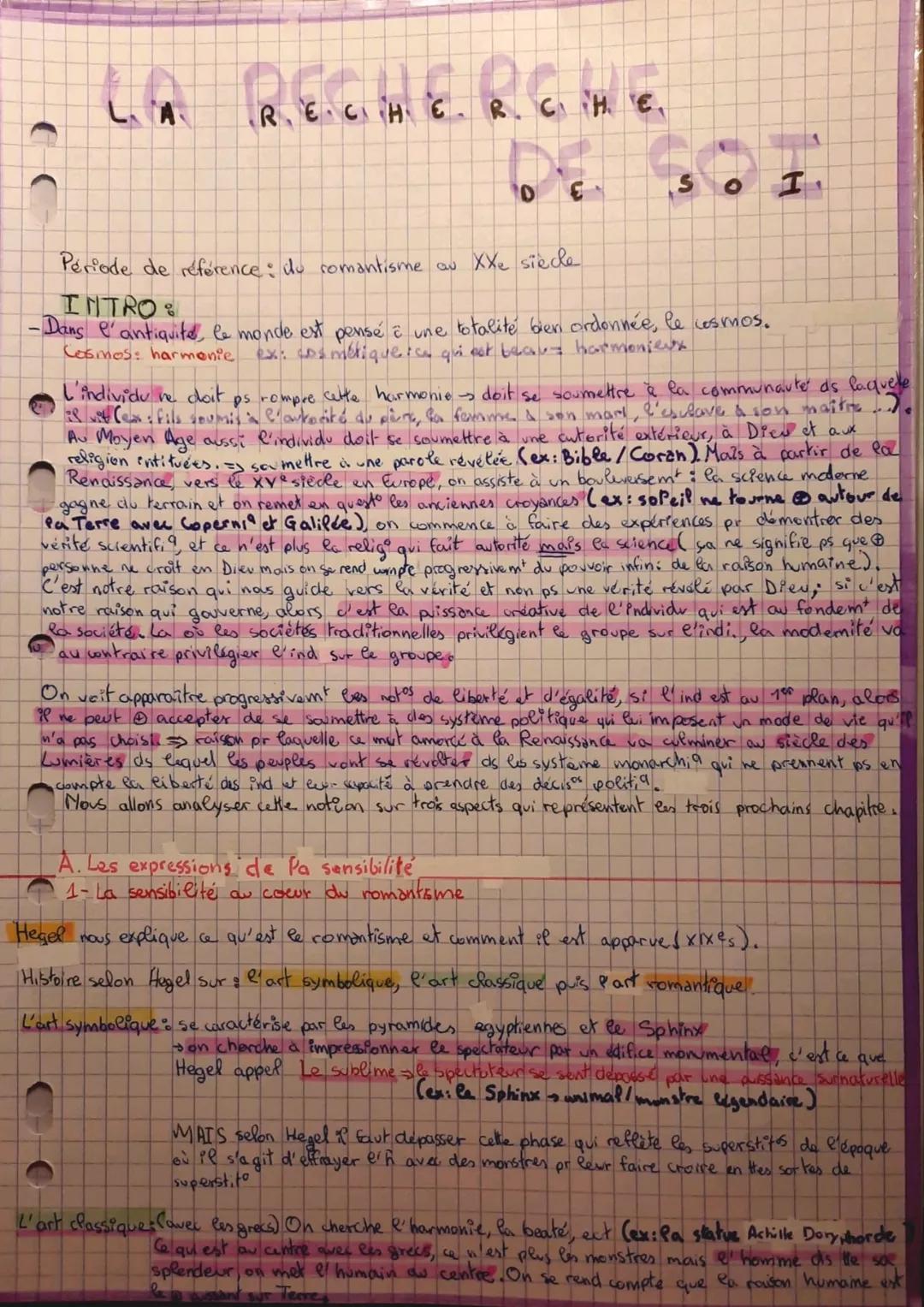 # LA RECHERCHE

# DE

# So I

Période de référence: du romantisme au XXe siècle.

INTRO:

-Dans l'antiquite, le monde est pensé à une totali