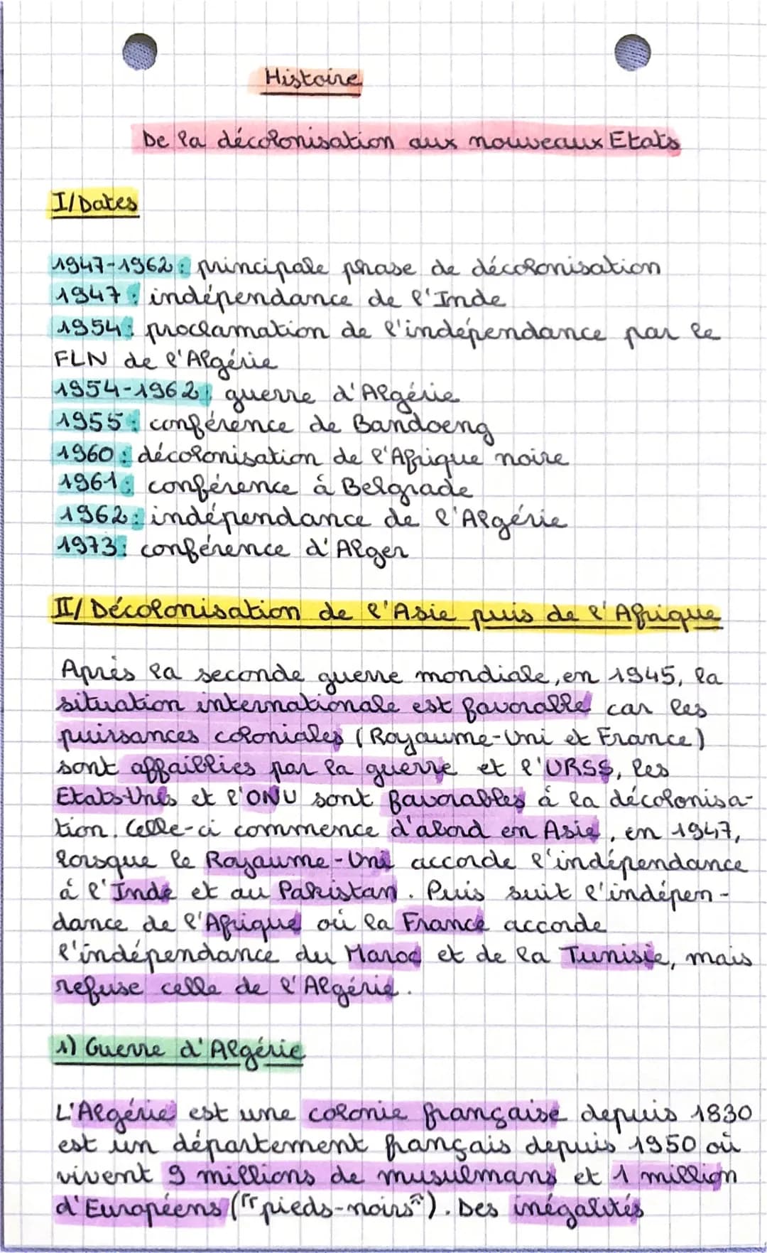I/Dates
Histoire
De la décolonisation aux nouveaux Etats
1947-1962 principale phase de décolonisation.
1947 indépendance de l'Inde.
1954 pro