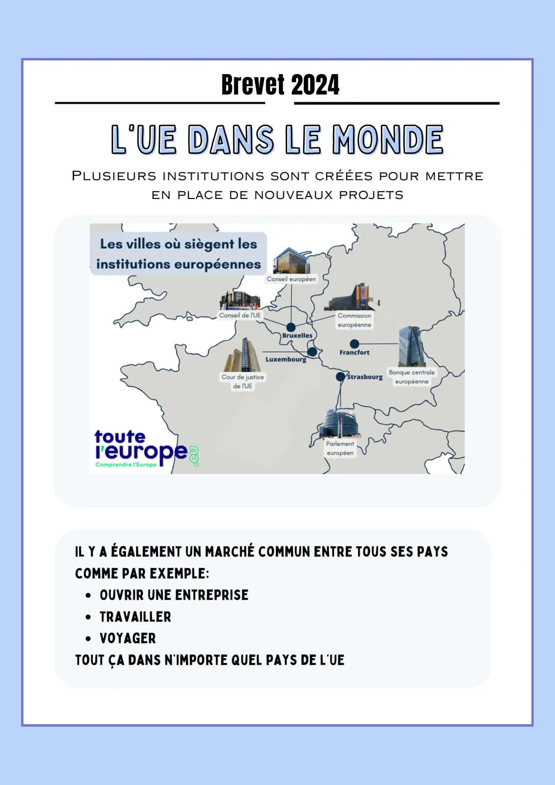 Brevet 2024
L'UE DANS LE MONDE
L'Union Européenne est un espace où les peuples ont décidés de vivre en paix.
Après la SGM, l'Europe est rava