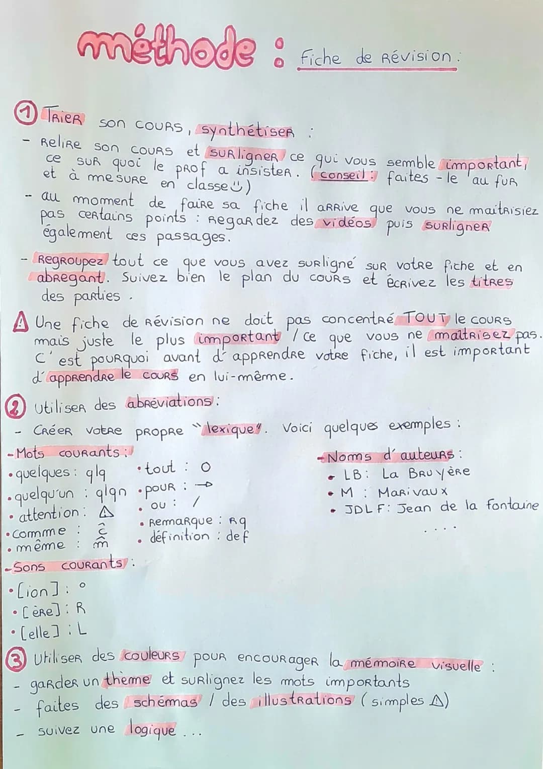 méthode : fiche de révision
Trier son coURS, synthétiser :
ReliRe son COURS et surligner ce qui vous semble important,
ce sur quoi le prof a