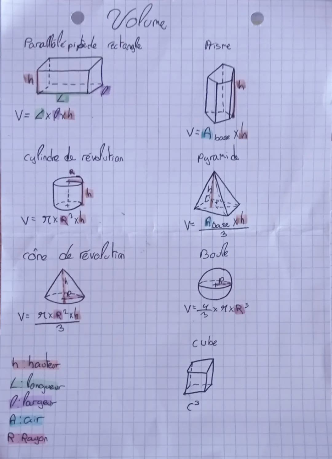 •
Volume
Prisme
Parallole pipede rectangle
h
V= 2xPxh
cylindre de révolution
V = A base Xh
Pyramide
V=XR
2
cône de revolution
V= Apase xh
Da