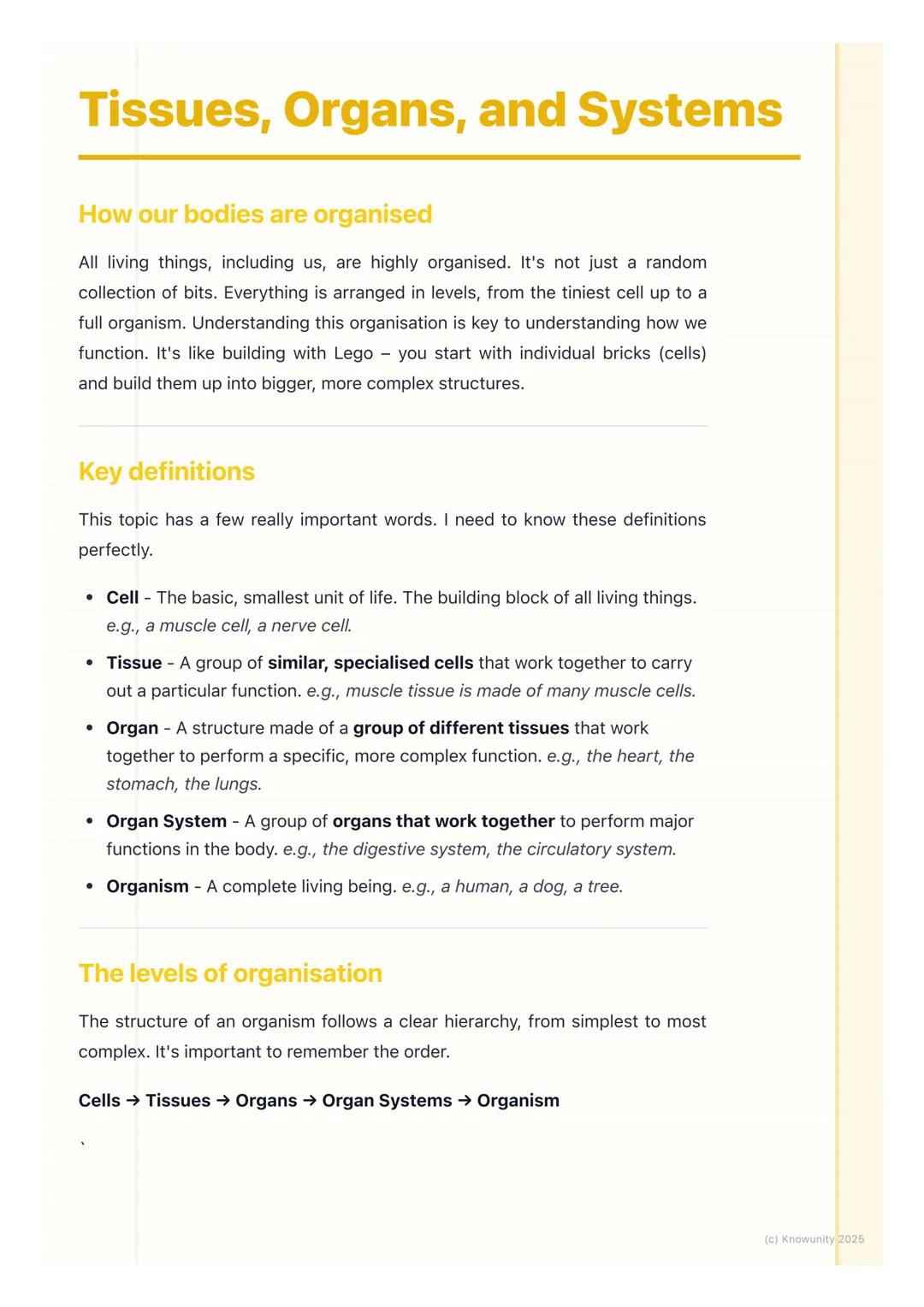 # Tissues, Organs, and Systems

## How our bodies are organised

All living things, including us, are highly organised. It's not just a rand