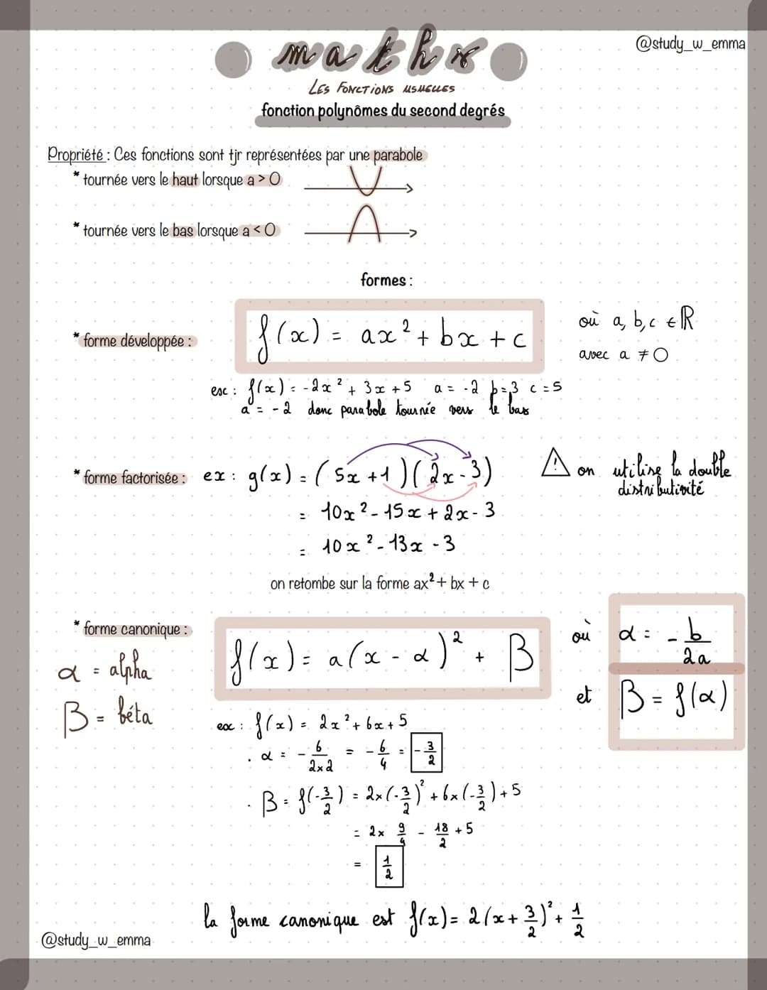 Propriété : Ces fonctions sont tjr représentées par une parabole
tournée vers le haut lorsque a > O
V
tournée vers le bas lorsque a < O
A₂
f