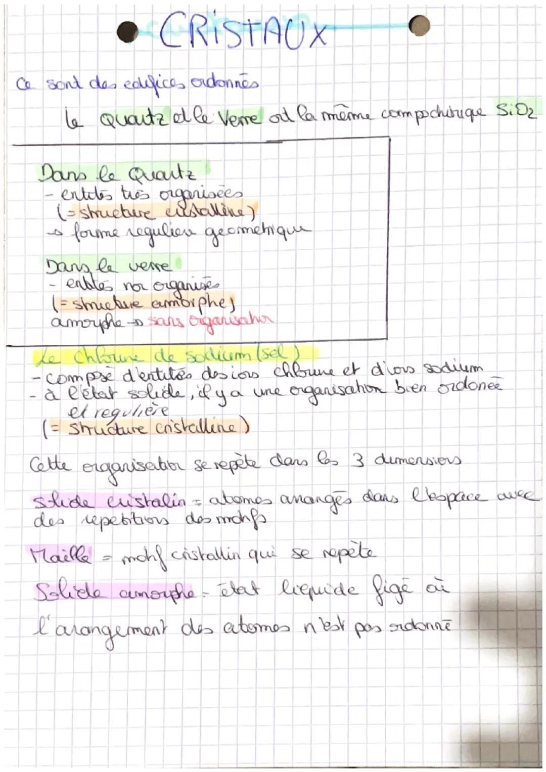 • CRISTAUX
Ce sont des edifices ordonnés
Le Quartz et le Verre out la même compschitrique Sid₂
Dans le Quartz
entiles tres organisées
(= str