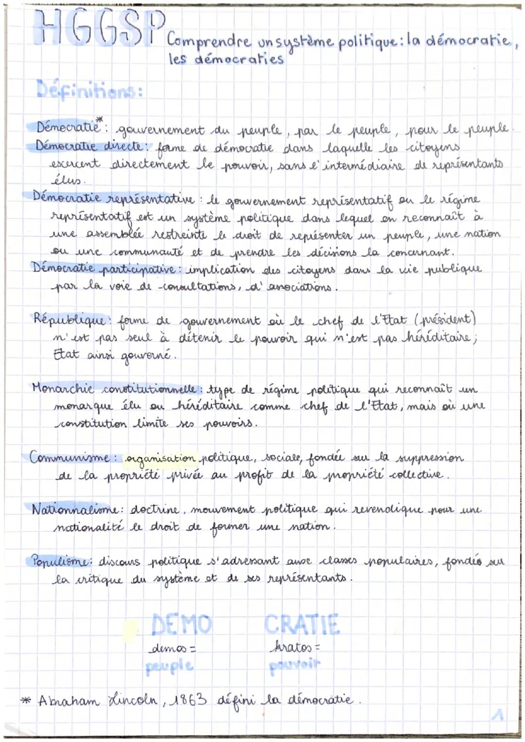 HGGSP. Comprendre un système politique: la démocratie,
les démocraties
Définitions:
Démocratie: gouvernement du peuple, par le peuple, pour 