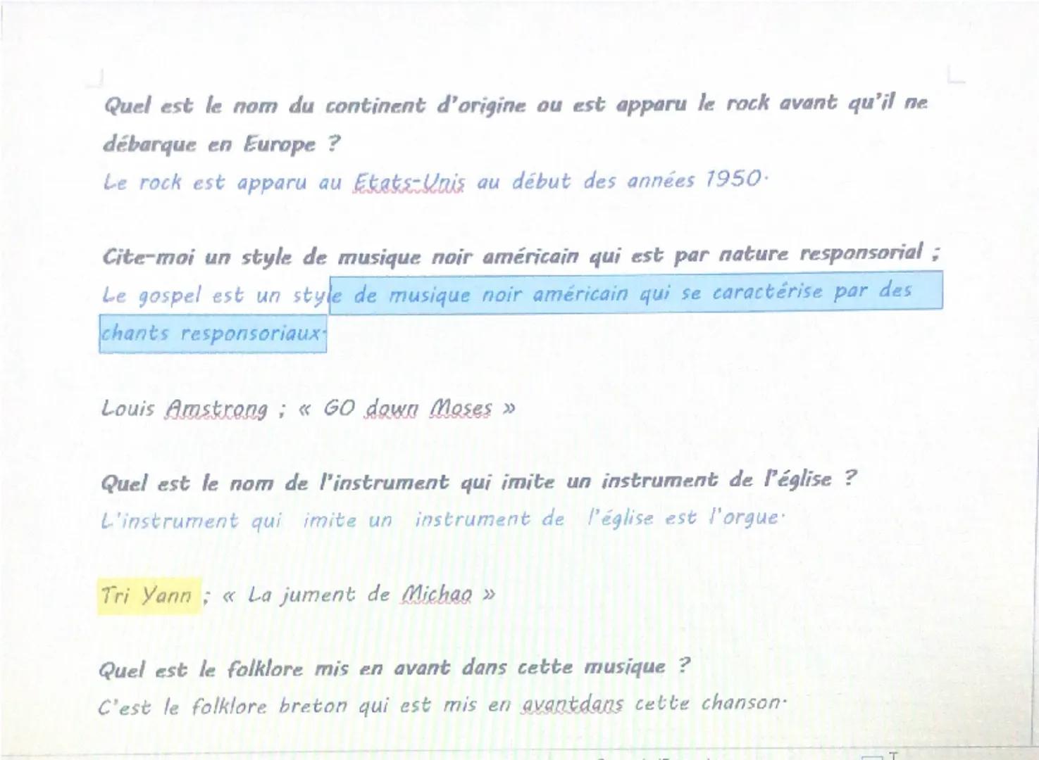 --- OCR Start ---
Fiche de révision:
Education Musicale
Ecoute inconnues
Quelle est la différence entre une musique responsorial et une musi